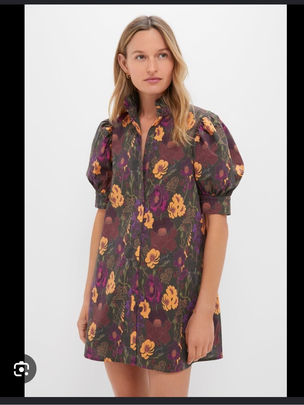 NWT Floral Puff-Sleeve Mini Dress in Olive with Yellow Flowers